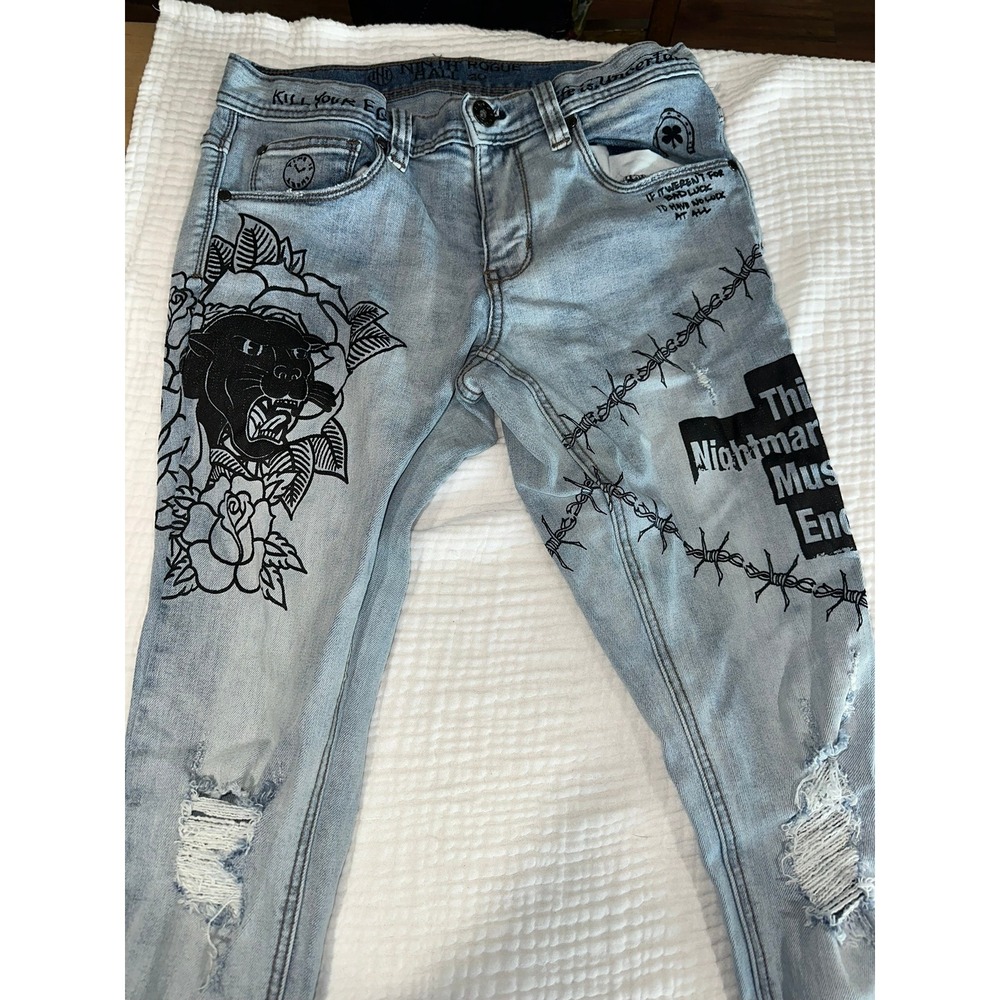 NINTH ROGUE HALL  Slim Distressed Graphic Print Jeans Women's‎